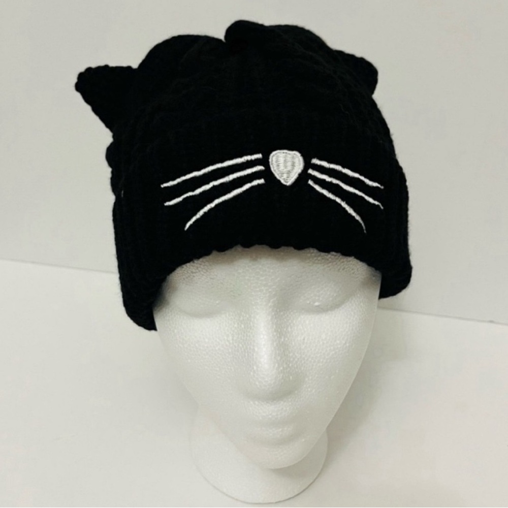New Black Cat Embroidery Stretchy Knit Hat Beanie Cap Unisex One Size Fits Most